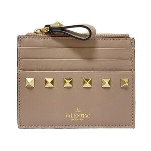 VALENTINOGARAVANI - Pink Beige Gold Calf Skin Hardware Card Case 215-082325